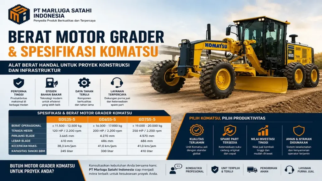 Berat Motor Grader Komatsu spesifikasi lengkap dari PT Marluga Satahi Indonesia untuk perusahaan konstruksi