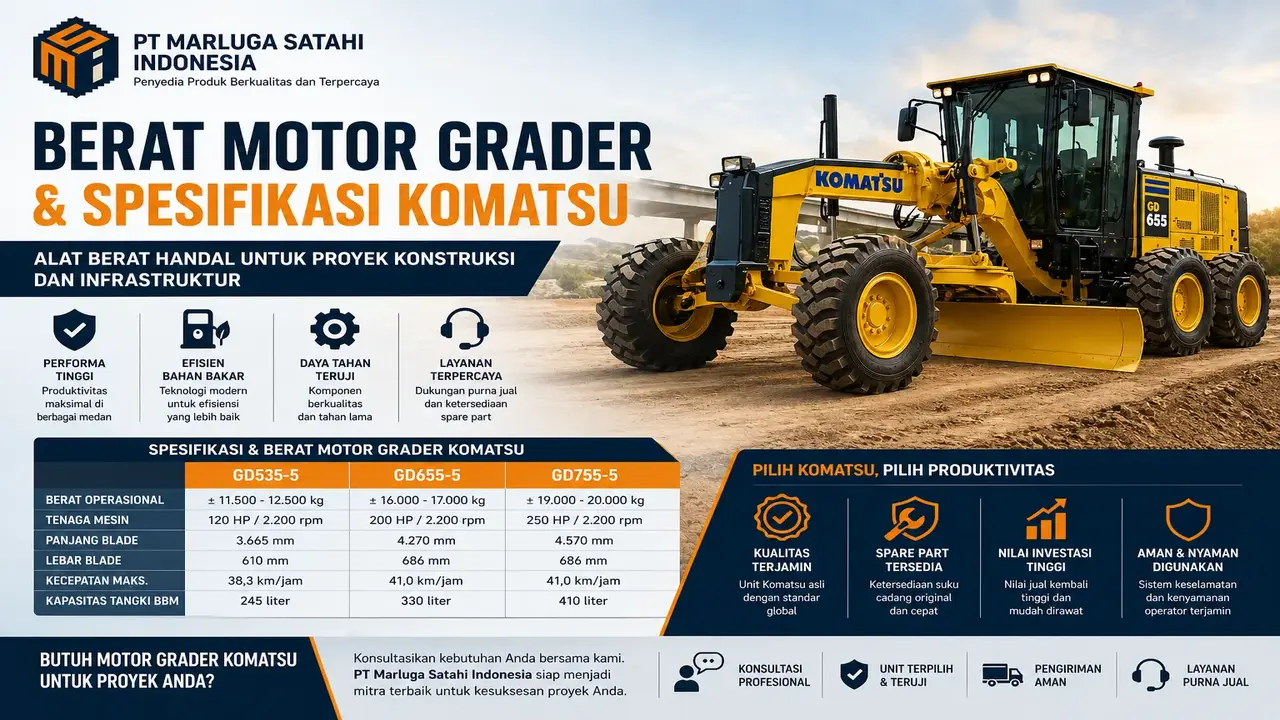 Berat Motor Grader Komatsu spesifikasi lengkap dari PT Marluga Satahi Indonesia untuk perusahaan konstruksi