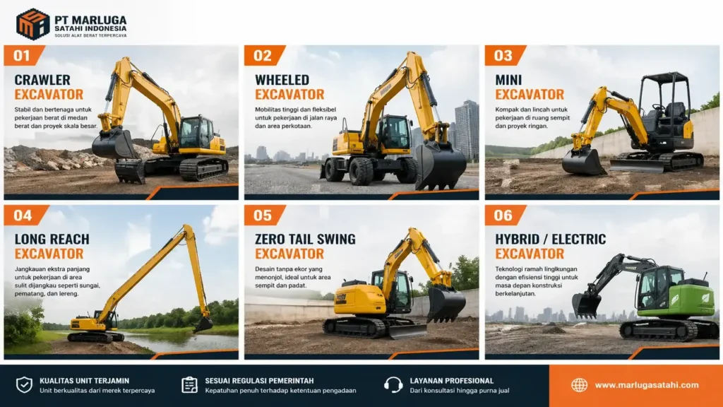 Infografis yang menampilkan enam jenis excavator dengan gambar besar, deskripsi singkat, dan nomor urut di setiap panel. Jenis excavator yang ditampilkan meliputi Crawler, Wheeled, Mini, Long Reach, Zero Tail Swing, dan Hybrid/Electric Excavator. Desain menggunakan warna oranye, hitam, dan putih dengan logo PT Marluga Satahi Indonesia di bagian atas dan footer yang mencakup informasi kualitas, regulasi, dan layanan profesional.