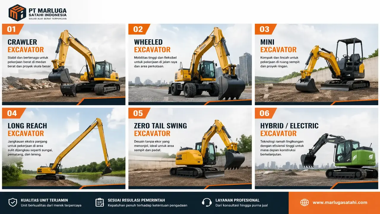 Infografis yang menampilkan enam jenis excavator dengan gambar besar, deskripsi singkat, dan nomor urut di setiap panel. Jenis excavator yang ditampilkan meliputi Crawler, Wheeled, Mini, Long Reach, Zero Tail Swing, dan Hybrid/Electric Excavator. Desain menggunakan warna oranye, hitam, dan putih dengan logo PT Marluga Satahi Indonesia di bagian atas dan footer yang mencakup informasi kualitas, regulasi, dan layanan profesional.