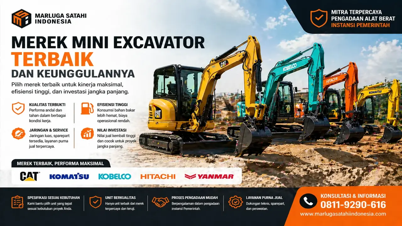 Feature image untuk merek mini excavator terbaik, menampilkan berbagai model mini excavator dari CAT, Komatsu, Kobelco, dan Hitachi di lokasi konstruksi. Desain mencakup keunggulan seperti kualitas terjamin, efisiensi bahan bakar, jaringan dan layanan purna jual, serta nilai investasi tinggi. Dilengkapi dengan informasi kontak untuk konsultasi dan pemesanan.