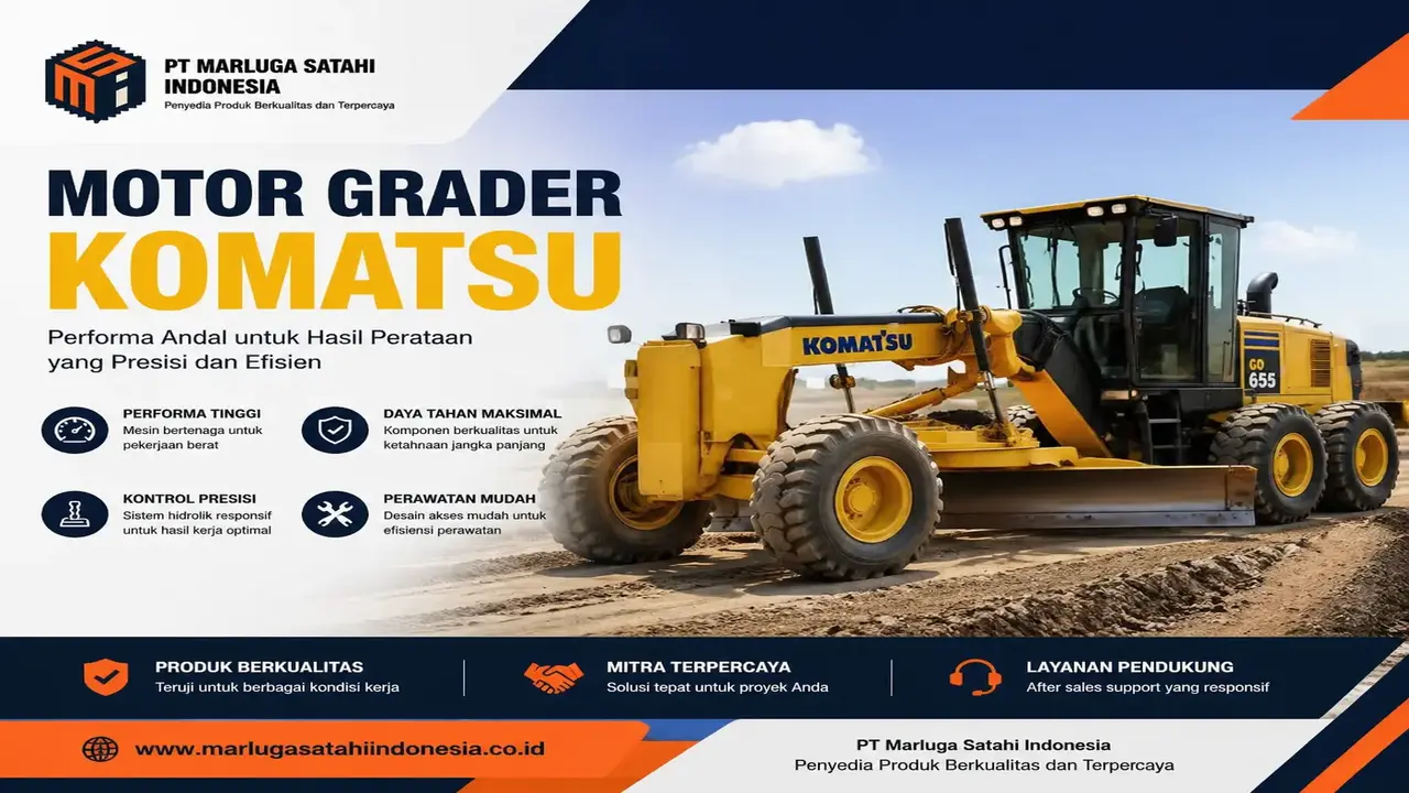 menampilkan Motor Grader Komatsu. Spanduk ini memperlihatkan grader di sisi kanan, dengan teks yang menonjol dan fitur produk utama di sisi kiri. Fitur yang disorot meliputi performa tinggi, daya tahan panjang, kontrol presisi, dan pemeliharaan yang mudah. menekankan profesionalisme dan kepercayaan terhadap produk yang ditawarkan perusahaan