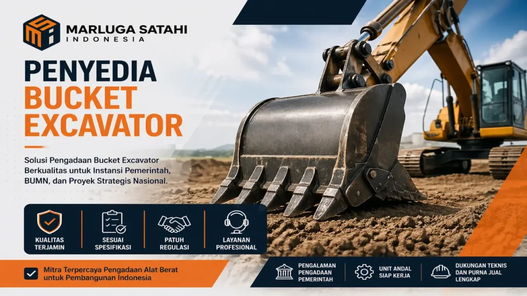 penyedia bucket excavator Marluga Satahi Indonesia dengan tampilan alat berat excavator dan bucket di lokasi proyek, menonjolkan solusi pengadaan untuk instansi pemerintah, BUMN, dan proyek strategis nasional