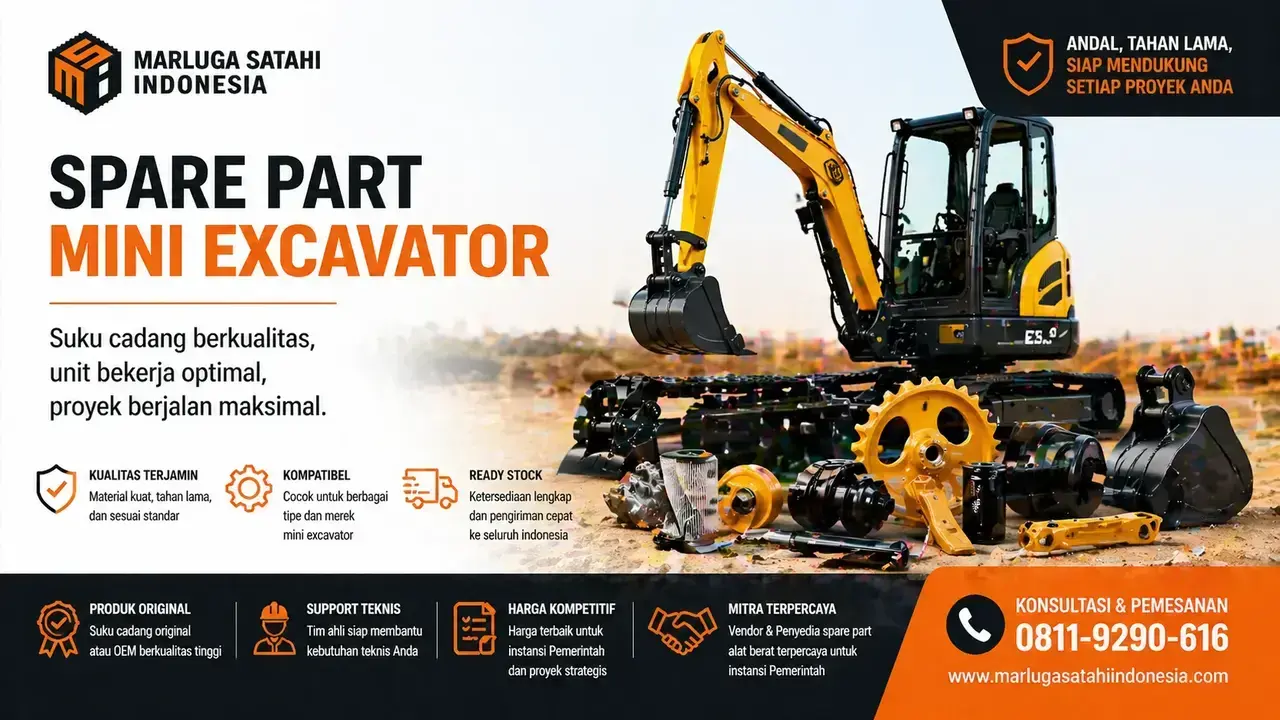 image untuk spare part mini excavator, menampilkan mini excavator dengan latar belakang proyek konstruksi dan berbagai komponen spare part di depan alat. Desain banner mencakup informasi tentang kualitas spare part, kompatibilitas, ready stock, harga kompetitif, serta layanan konsultasi dan pemesanan untuk proyek instansi pemerintah."