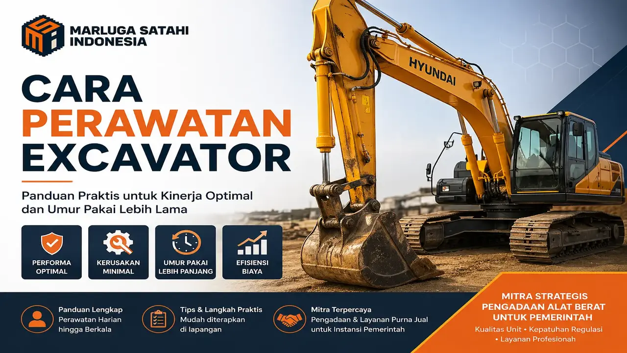 Feature image banner bertema konstruksi menampilkan excavator kuning di lokasi proyek dengan judul “Cara Perawatan Excavator”, dilengkapi logo Marluga Satahi Indonesia serta poin manfaat seperti performa optimal, kerusakan minimal, umur pakai lebih panjang, dan efisiensi biaya.