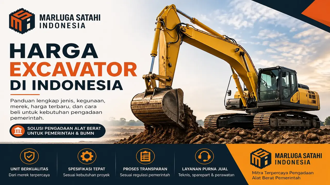 Feature image harga excavator terbaru di Indonesia dengan logo Marluga Satahi Indonesia dan ilustrasi alat berat excavator untuk pengadaan pemerintah