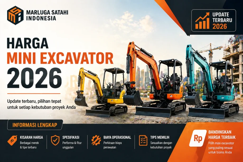 Ilustrasi image harga mini excavator 2026 dengan pembaruan harga terbaru, menampilkan mini excavator di lokasi konstruksi dengan latar belakang kota. Gambar ini menyoroti harga kompetitif, kualitas terjamin, layanan purna jual, dan investasi yang menguntungkan untuk proyek konstruksi Anda."