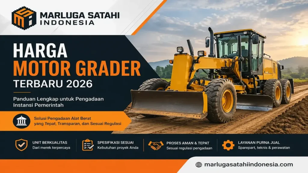 Feature image harga motor grader terbaru 2026 dengan alat berat motor grader berwarna kuning di lokasi proyek serta logo Marluga Satahi Indonesia dan informasi pengadaan pemerintah.