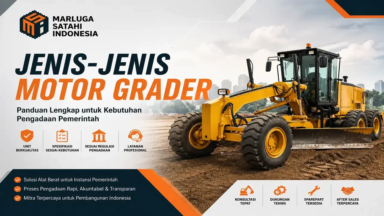 menampilkan alat berat jenis motor grader kuning di lokasi konstruksi serta informasi layanan pengadaan pemerintah yang lengkap dan terpercaya.