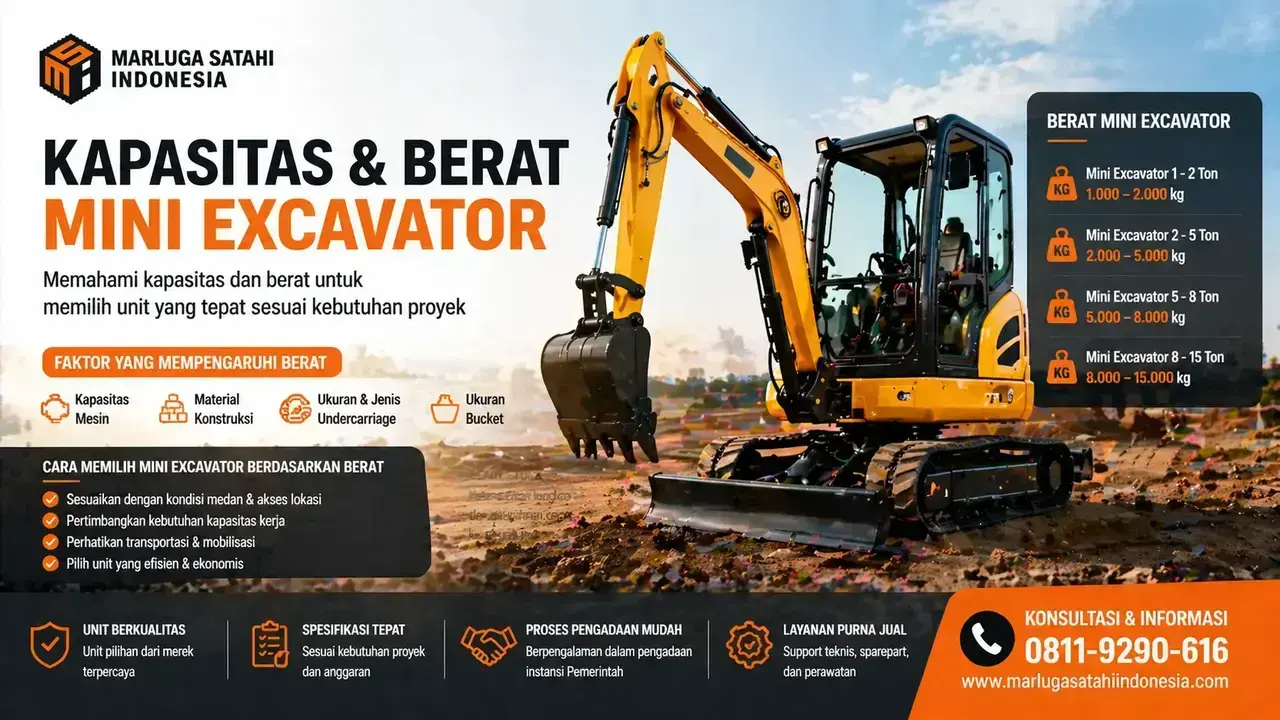 Feature image mengenai kapasitas dan berat mini excavator, dengan desain infografis yang menampilkan mini excavator berwarna kuning di lokasi konstruksi. Gambar ini mencakup informasi tentang kategori berat mini excavator (1-2 ton, 2-5 ton, 5-8 ton, 8-15 ton), faktor yang mempengaruhi berat, serta tips memilih unit yang tepat untuk proyek Anda."