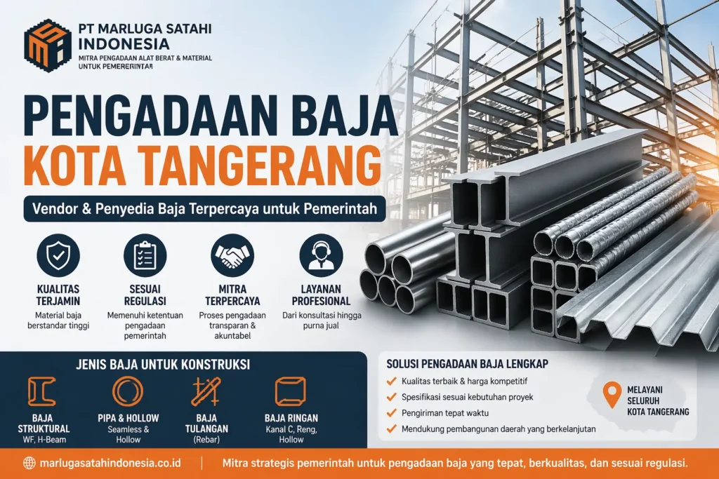 Infografik pengadaan berbagai jenis baja di Kota Tangerang oleh PT Marluga Satahi Indonesia, mitra terpercaya untuk pengadaan baja berkualitas dan sesuai regulasi pemerintah."