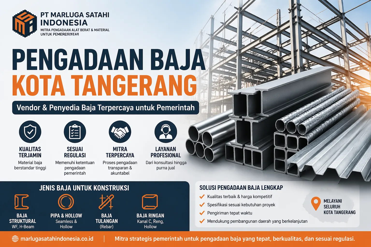Infografik pengadaan berbagai jenis baja di Kota Tangerang oleh PT Marluga Satahi Indonesia, mitra terpercaya untuk pengadaan baja berkualitas dan sesuai regulasi pemerintah."