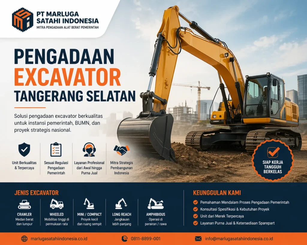 Pengadaan excavator Tangerang Selatan oleh PT Marluga Satahi Indonesia, solusi alat berat berkualitas untuk proyek pemerintah, BUMN, dan strategis nasional