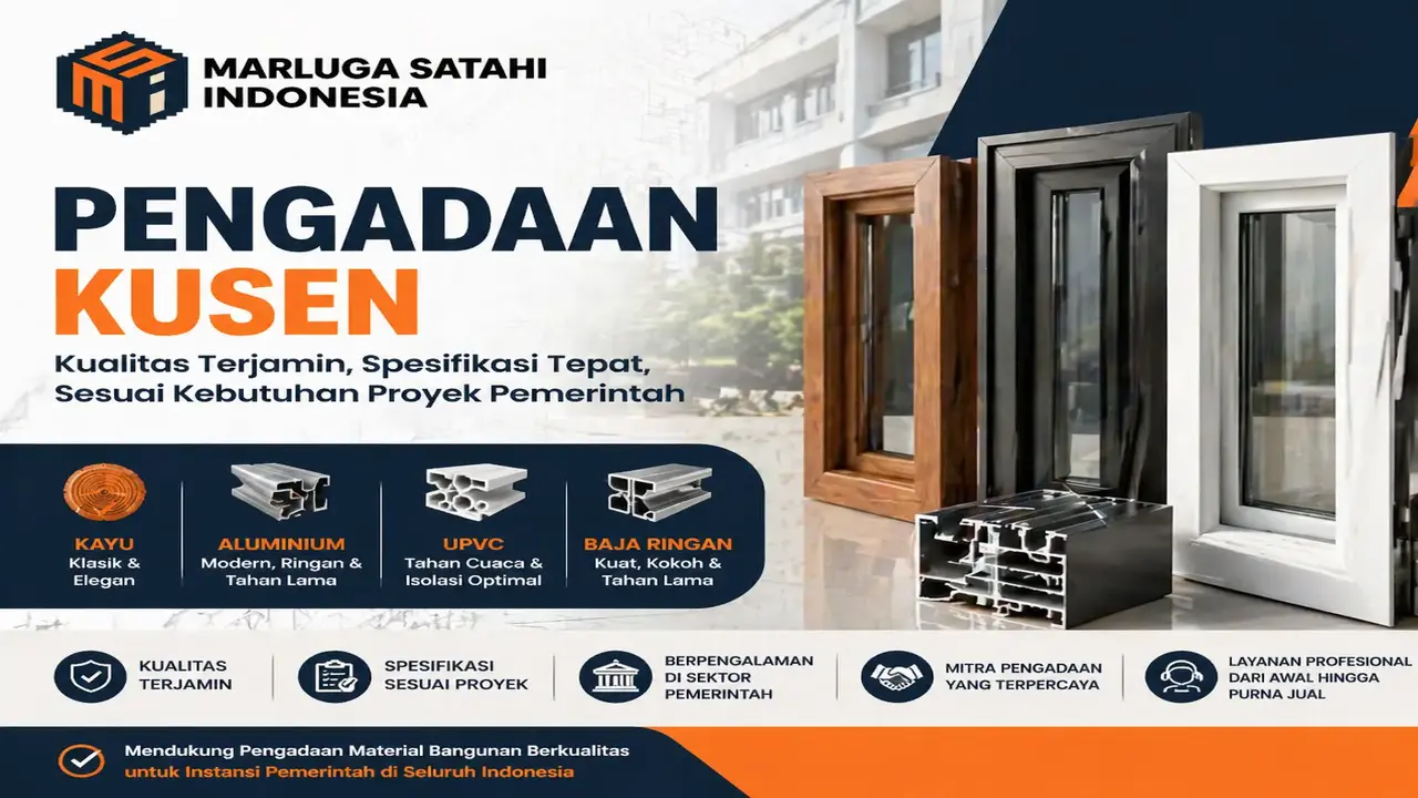 Pengadaan kusen berkualitas untuk proyek pemerintah dengan berbagai pilihan material seperti kayu, aluminium, dan uPVC dari PT Marluga Satahi Indonesia