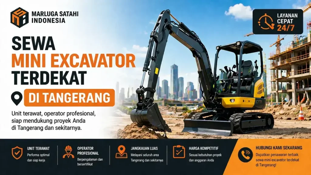image untuk layanan sewa mini excavator terdekat di Tangerang, menampilkan mini excavator dengan latar belakang proyek konstruksi dan ikon layanan. Desain mencakup informasi kontak, keuntungan sewa, dan kemampuan unit terawat dengan operator profesional siap membantu proyek konstruksi Anda.