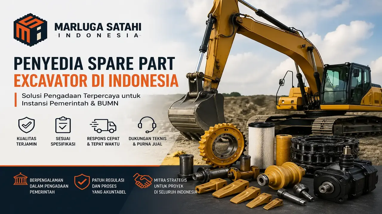 Penyedia spare part excavator di Indonesia Marluga Satahi Indonesia dengan ilustrasi alat berat excavator dan berbagai komponen spare part untuk kebutuhan pengadaan pemerintah dan BUMN