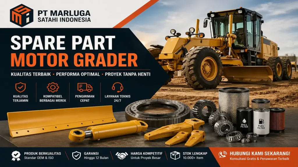Spare part motor grader berkualitas tinggi seperti blade cutting edge, hydraulic cylinder, dan filter set dari PT Marluga Satahi Indonesia untuk kebutuhan konstruksi