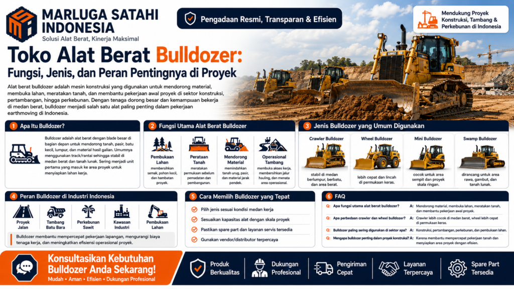 Toko Alat Berat Bulldozer Marluga Satahi Indonesia untuk kebutuhan proyek konstruksi, pertambangan, perkebunan, pembukaan lahan, dan pekerjaan earthmoving.