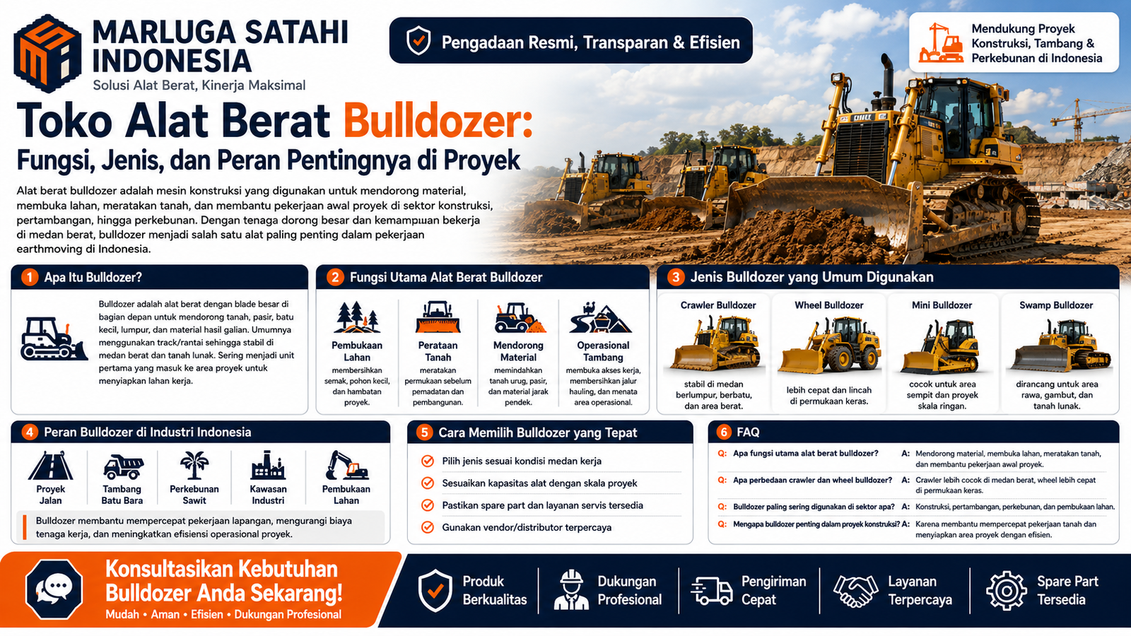 Toko Alat Berat Bulldozer Marluga Satahi Indonesia untuk kebutuhan proyek konstruksi, pertambangan, perkebunan, pembukaan lahan, dan pekerjaan earthmoving.