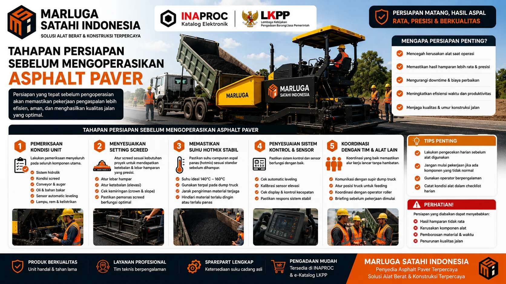 Tahapan cara penggunaan asphalt paver di lapangan mulai dari pengisian material, pengaturan screed, hingga proses pemadatan aspal hotmix.