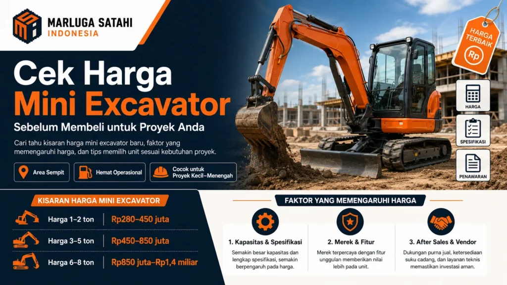 cek harga mini excavator dengan logo Marluga Satahi Indonesia, menampilkan mini excavator orange di area konstruksi serta informasi kisaran harga dan faktor pembelian.