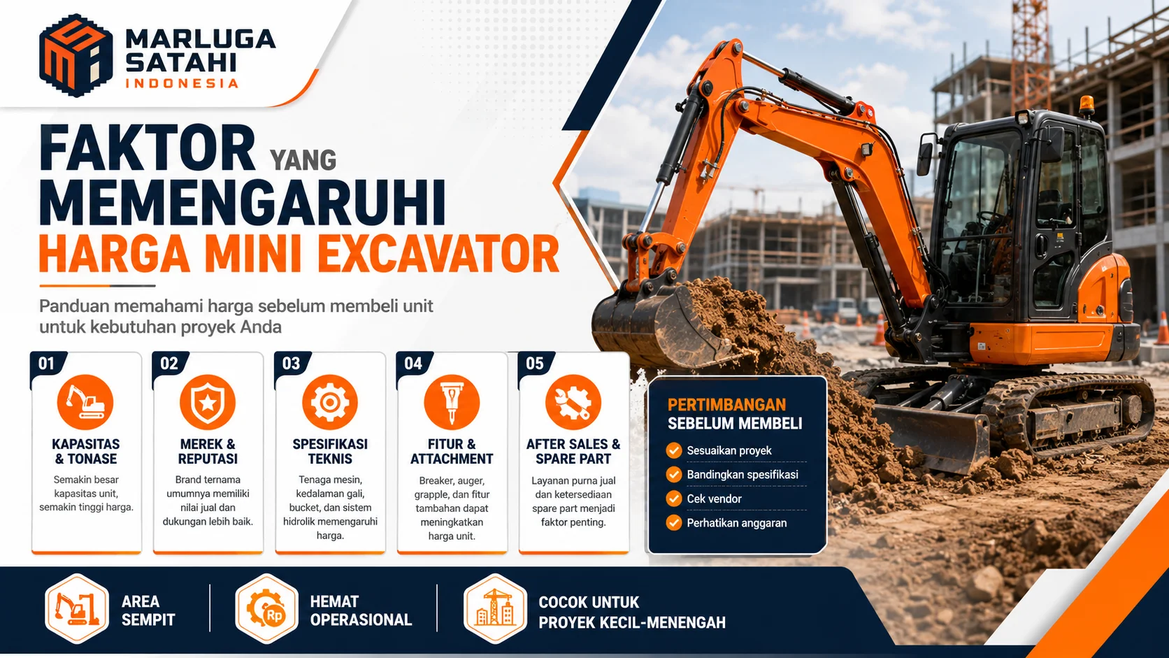 Ilustrasi faktor yang memengaruhi harga mini excavator, menampilkan alat berat compact di proyek konstruksi dengan poin kapasitas, merek, spesifikasi, fitur, dan after sales.
