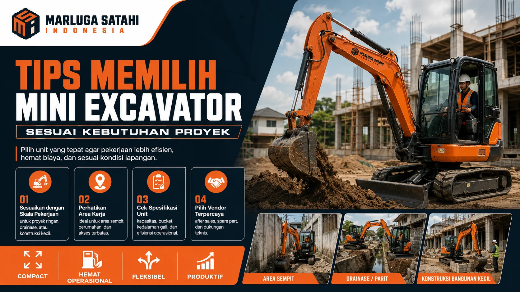 Gambar promosi tips memilih mini excavator sesuai kebutuhan proyek, menampilkan unit compact untuk area sempit, drainase, dan konstruksi bangunan kecil.