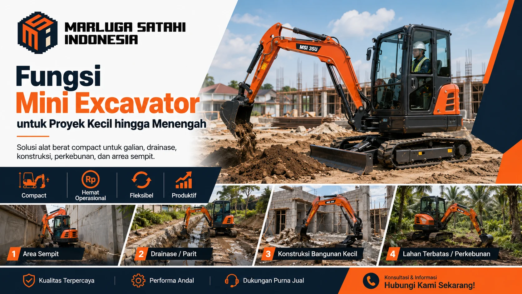 Banner produk mini excavator Marluga Satahi Indonesia yang menampilkan alat berat compact untuk pekerjaan galian, pembuatan drainase, konstruksi bangunan kecil, dan lahan terbatas.