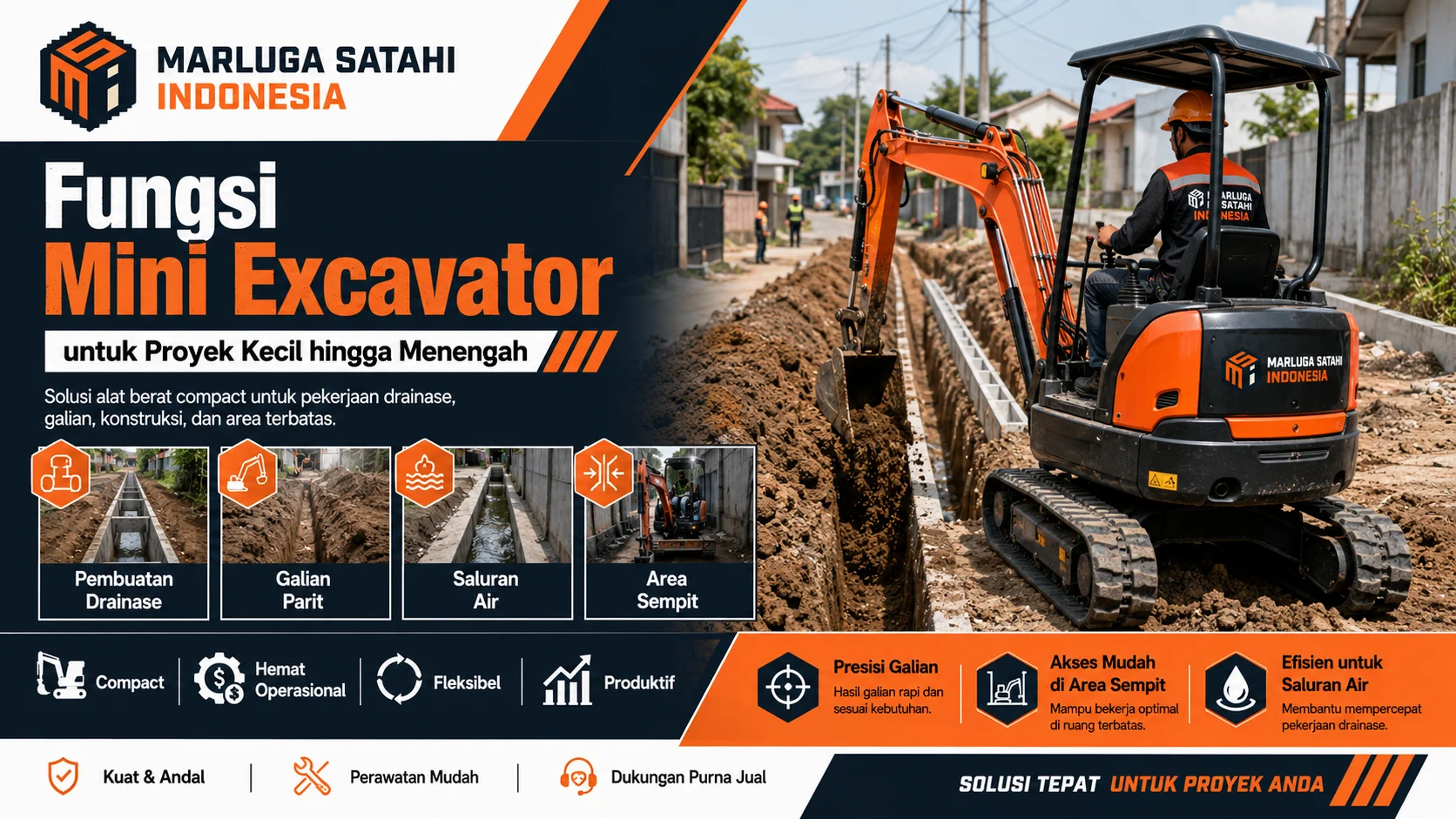 Gambar promosi mini excavator untuk kebutuhan proyek kecil hingga menengah, menampilkan penggunaan di area sempit, drainase, konstruksi, dan perkebunan.