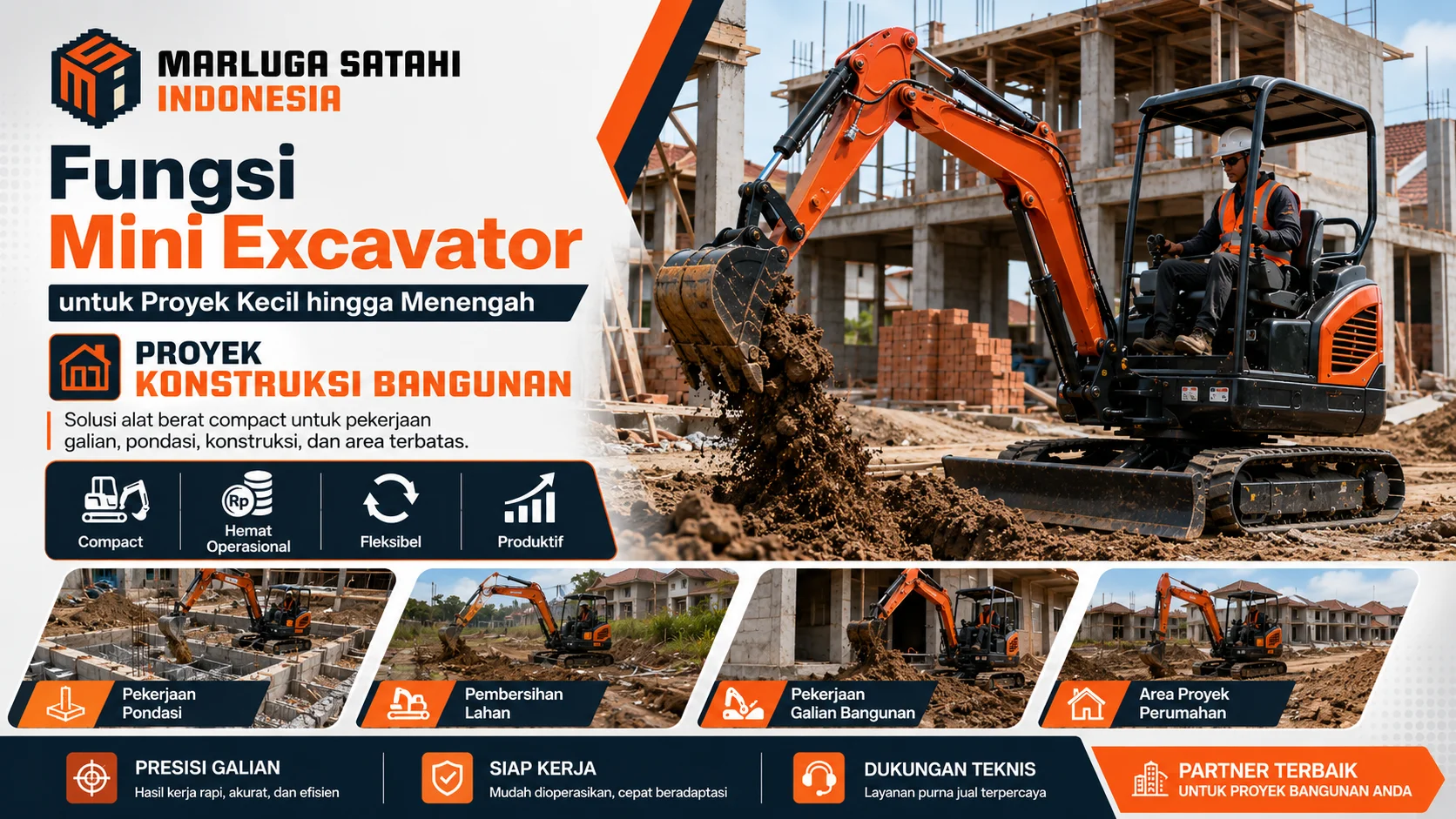Mini excavator Marluga Satahi Indonesia sedang melakukan pekerjaan penggalian tanah di area proyek dengan tampilan visual profesional untuk kebutuhan alat berat compact.