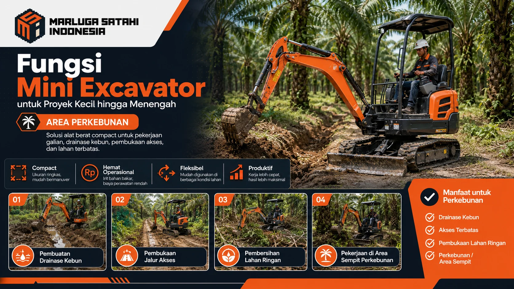 Banner mini excavator untuk area perkebunan, menampilkan alat berat compact yang digunakan untuk drainase kebun, pembukaan jalur akses, dan pekerjaan di lahan terbatas.