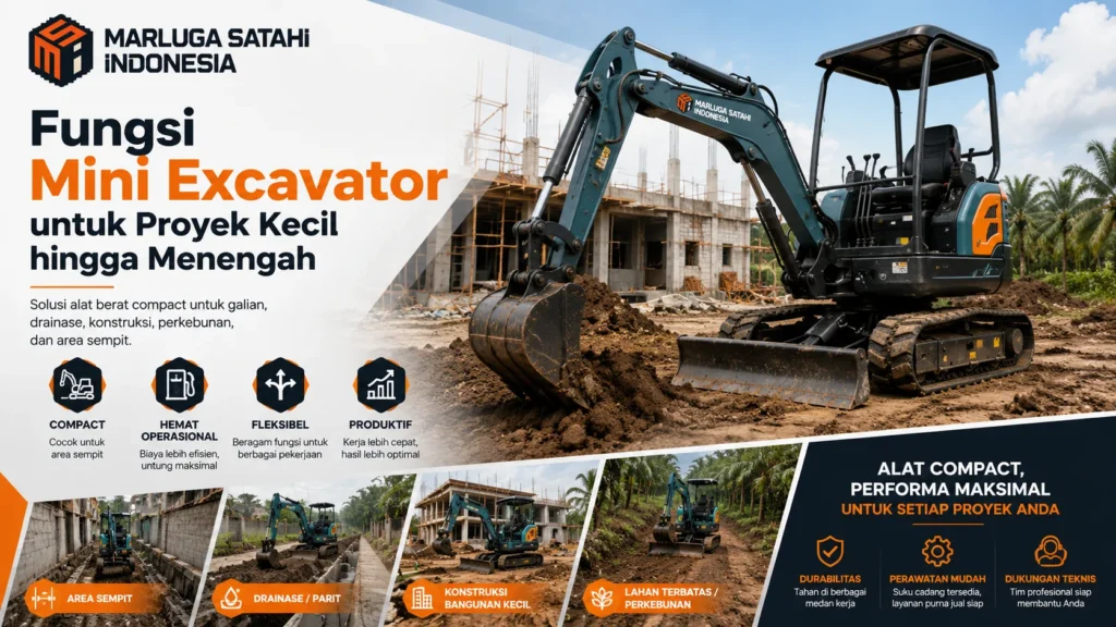 Feature image fungsi mini excavator untuk proyek kecil hingga menengah dengan logo Marluga Satahi Indonesia, menampilkan mini excavator bekerja di area konstruksi, drainase, galian, dan perkebunan.