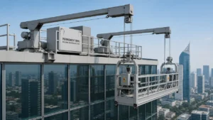 Permanent BMU gondola pada gedung tinggi untuk maintenance façade dengan sistem rel dan platform gantung profesional.