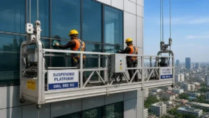 Gondola suspended platform untuk pekerjaan maintenance gedung tinggi dengan pekerja menggunakan safety harness di ketinggian