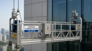 Gondola gantung temporary elektrik untuk proyek konstruksi dan maintenance gedung dengan platform kerja dan sistem hoist kabel.