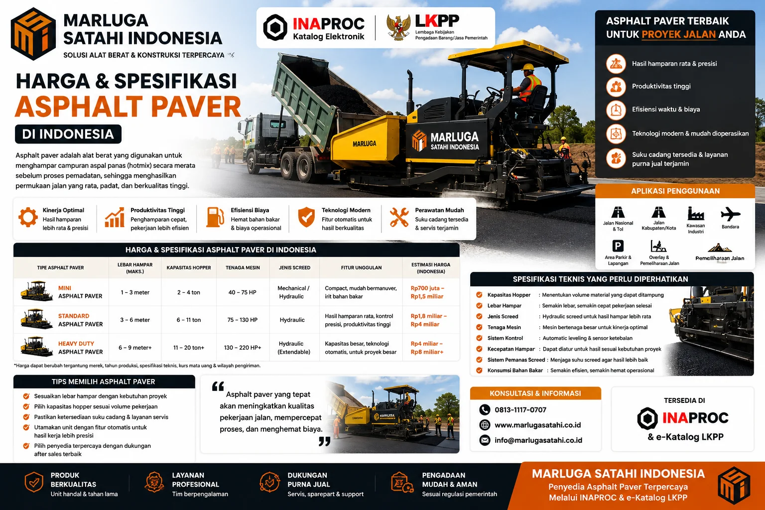 Kisaran harga dan spesifikasi Asphalt Paver berdasarkan tipe untuk kebutuhan proyek jalan nasional, kawasan industri, dan bandara melalui INAPROC.