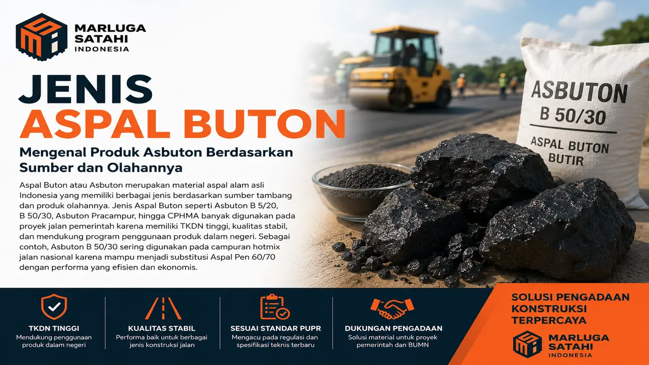 jenis Aspal Buton Asbuton B 50/30 untuk proyek konstruksi jalan pemerintah oleh Marluga Satahi Indonesia dengan tampilan material aspal alam dan alat berat jalan.
