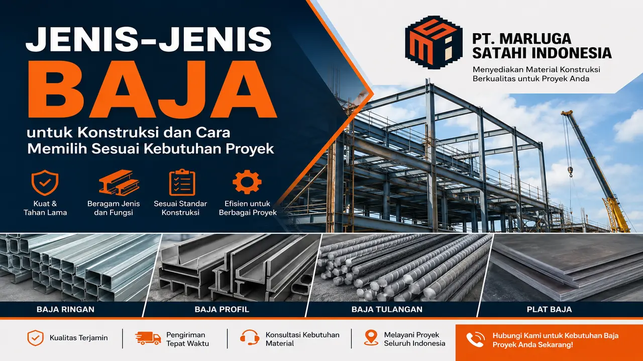 jenis-jenis baja menampilkan material baja konstruksi seperti baja ringan, baja profil, baja tulangan, dan plat baja Penyedia PT. Marluga Satahi Indonesia.