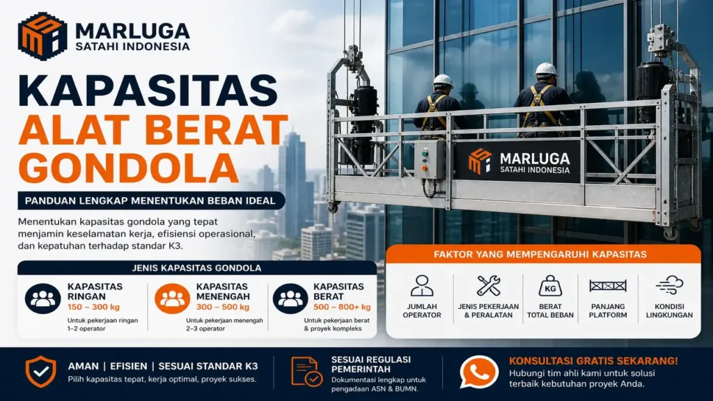 Kapasitas alat berat gondola untuk proyek konstruksi dan pemerintah dengan visual gondola gedung tinggi dan logo PT Marluga Satahi Indonesia.