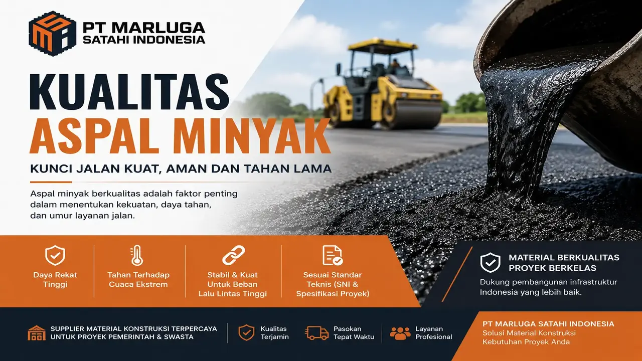 kualitas aspal minyak PT Marluga Satahi Indonesia dengan visual pengaspalan jalan, alat berat roller, dan informasi keunggulan aspal berkualitas untuk proyek konstruksi pemerintah dan swasta