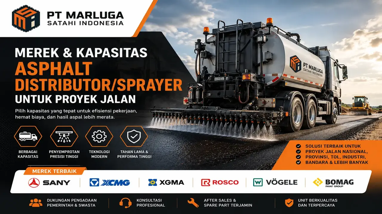 Kapasitas Asphalt Distributor/Sprayer PT Marluga Satahi Indonesia untuk proyek pengaspalan jalan dengan berbagai merek seperti Sany, XCMG, XGMA, Rosco, Vögele, dan Bomag.
