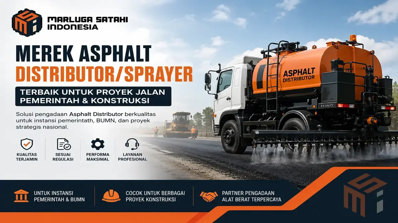 Merek Asphalt Distributor/Sprayer Marluga Satahi Indonesia dengan truk asphalt distributor oranye di proyek pengaspalan jalan, menampilkan solusi pengadaan alat berat untuk proyek pemerintah, BUMN, dan konstruksi.”