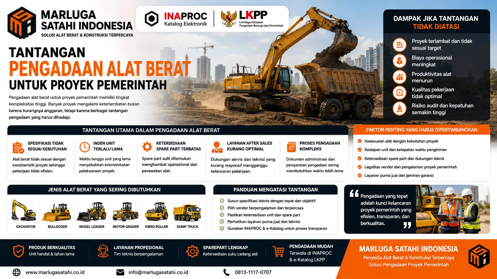 Pertimbangan penting sebelum memilih vendor alat berat terpercaya untuk proyek pemerintah melalui INAPROC dan e-Katalog LKPP dengan layanan purna jual lengkap.