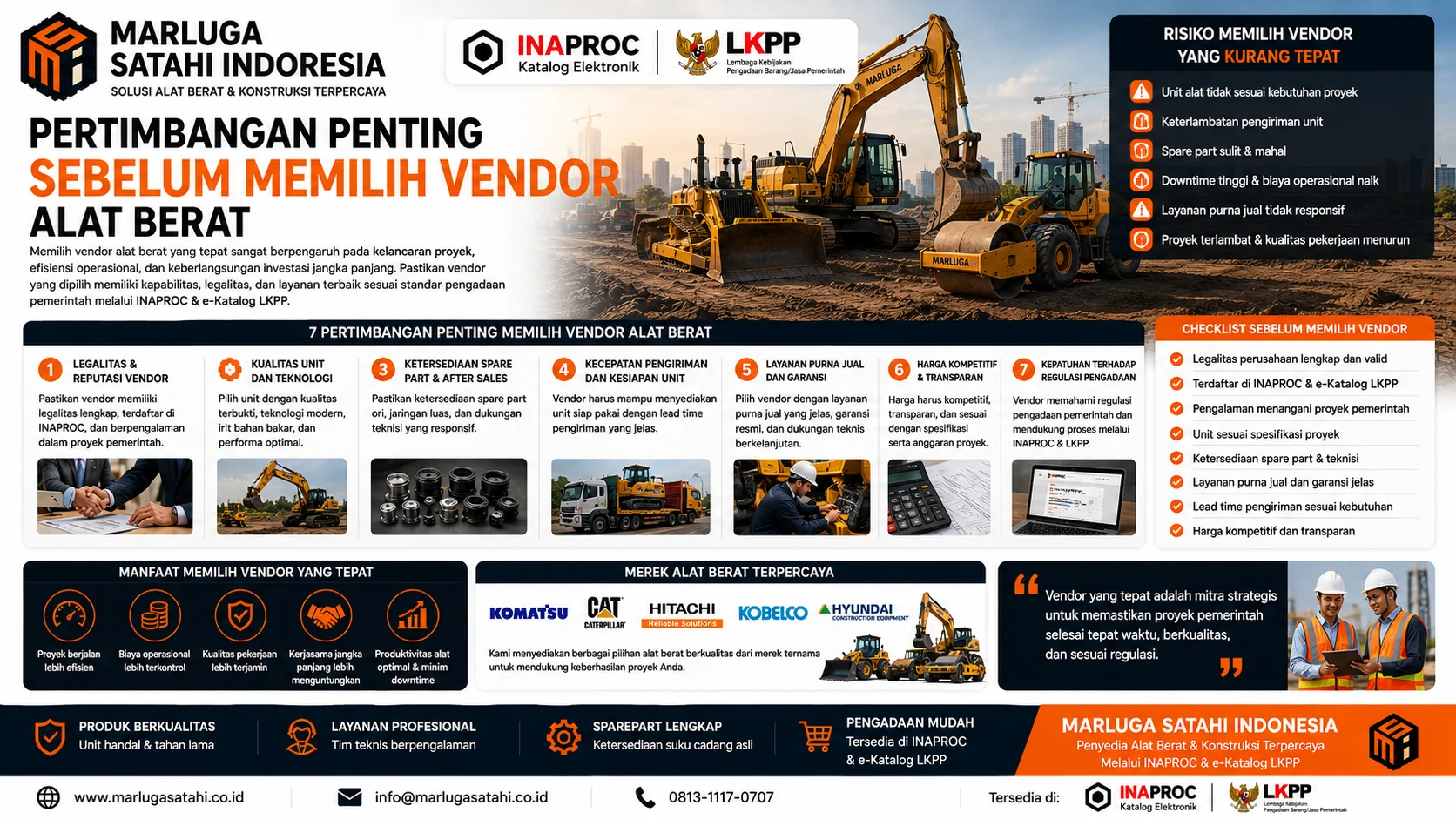 Infografis pertimbangan memilih vendor alat berat untuk proyek konstruksi dan pengadaan pemerintah dengan dukungan INAPROC serta layanan after sales profesional.