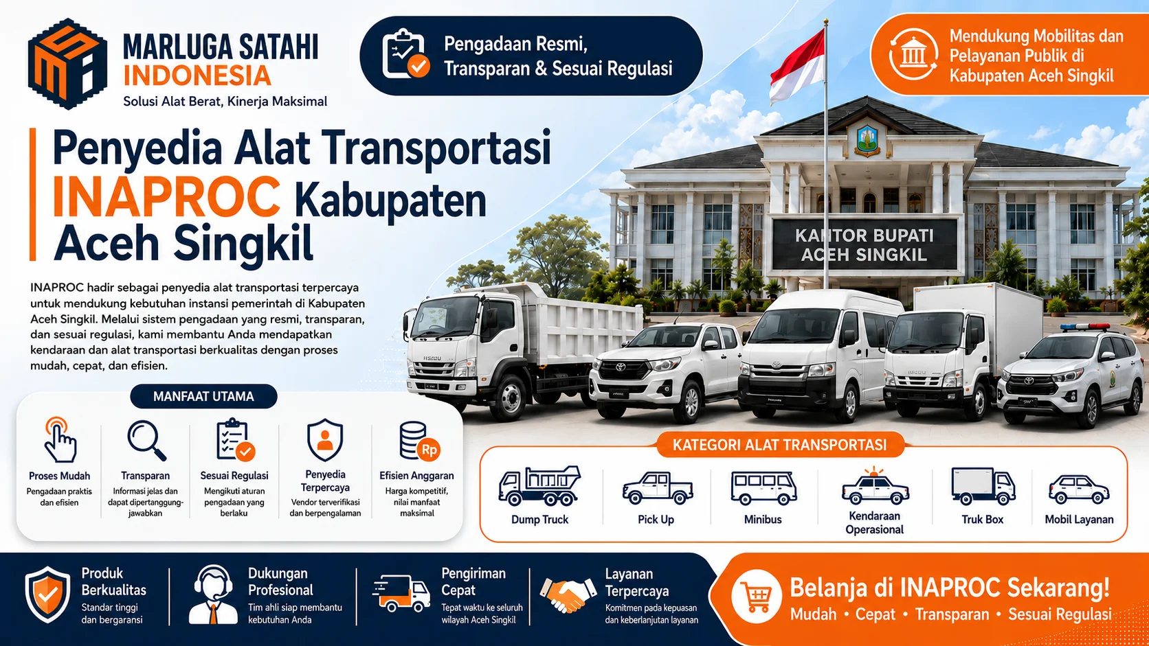 Penyedia alat transportasi INAPROC Kabupaten Aceh Singkil untuk kebutuhan instansi pemerintah, menampilkan Marluga Satahi Indonesia, mobil operasional, pick up, minibus, dump truck, dan truk box.