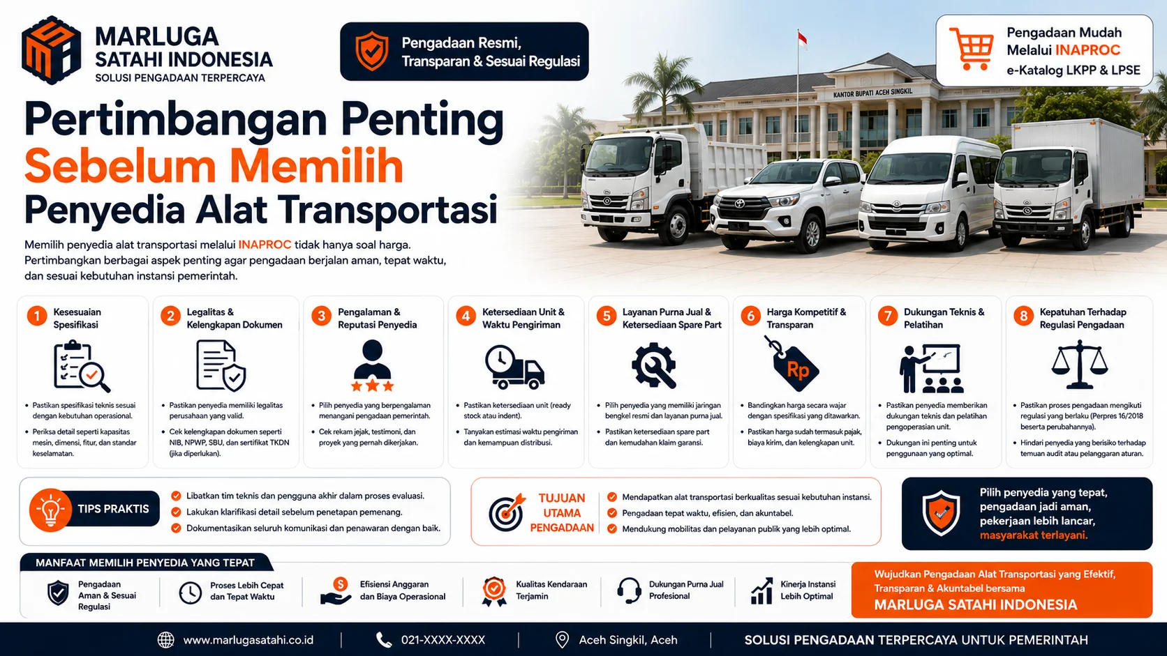 Penyedia alat transportasi INAPROC Kabupaten Aceh Singkil dengan panduan memilih penyedia terpercaya, mempertimbangkan legalitas, spesifikasi, harga, pengiriman, dan layanan purna jual.