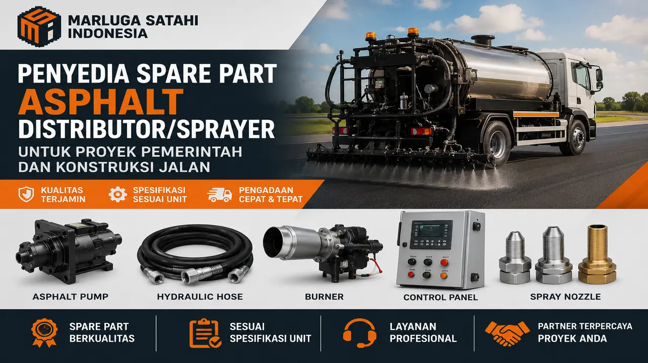 PT Marluga Satahi Indonesia sebagai penyedia spare part asphalt distributor/sprayer untuk proyek pemerintah dan konstruksi jalan, menampilkan unit asphalt sprayer serta spare part seperti asphalt pump, hydraulic hose, burner, control panel, dan spray nozzle.