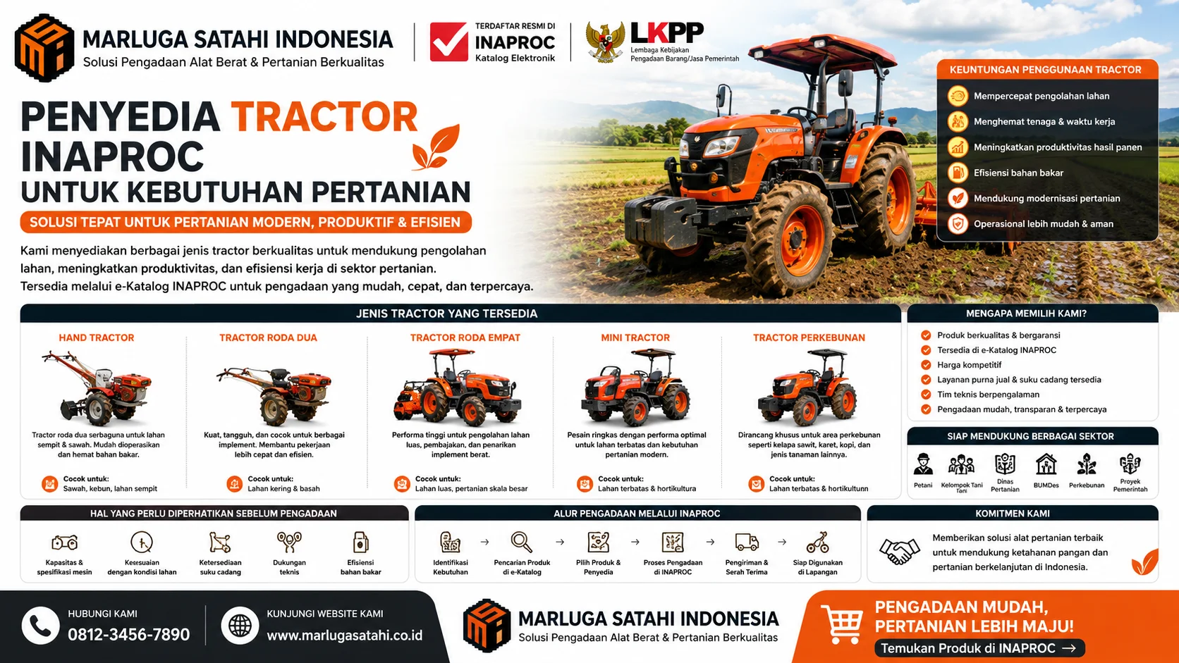 Penyedia Tractor Inaproc untuk Kebutuhan Pengadaan dari Marluga Satahi Indonesia menampilkan berbagai jenis tractor pertanian berkualitas yang tersedia melalui e-Katalog INAPROC untuk mendukung pengadaan pemerintah dan sektor pertanian.