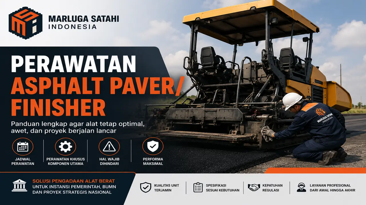perawatan asphalt paver/finisher dengan alat asphalt paver di proyek pengaspalan jalan, teknisi melakukan pengecekan unit, serta branding Marluga Satahi Indonesia yang menampilkan panduan perawatan, jadwal maintenance, dan solusi pengadaan alat berat untuk proyek pemerintah dan konstruksi