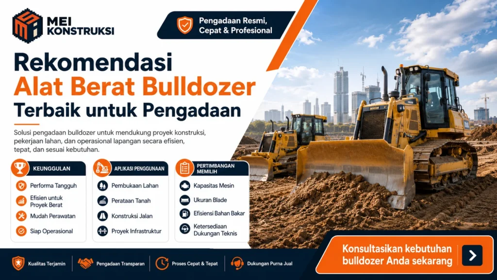 Rekomendasi alat berat bulldozer terbaik untuk pengadaan, menampilkan bulldozer di area proyek konstruksi dengan keunggulan performa tangguh, efisien, dan siap operasional.